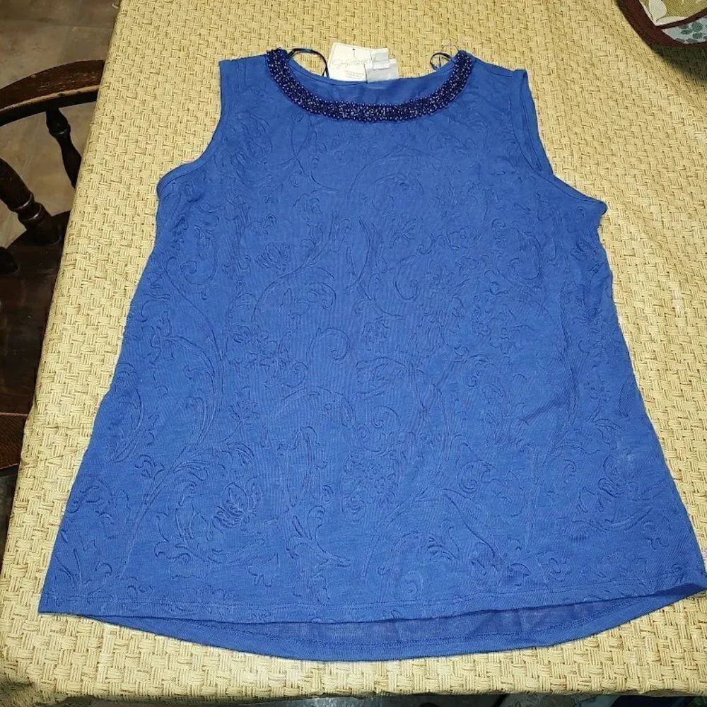 New Jaclyn Smith Blue Designed Beaded Tank Top Size Women's XL